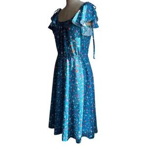 Vintage 80s Blue floral dress with ruffles, tie strap, A line skirt. Size 7